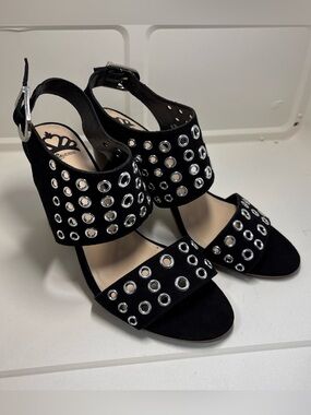 Fergalicious Black Suede Grommet Ankle Strap Heels